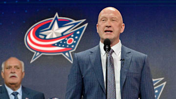 Jul 7, 2022; Montreal, Quebec, CANADA; Columbus Blue Jackets general manager Jarmo Kekalainen announces David Jiricek (not pictured) as the number six overall pick to the Columbus Blue Jackets in the first round of the 2022 NHL Draft at Bell Centre. Mandatory Credit: Eric Bolte-Imagn Images