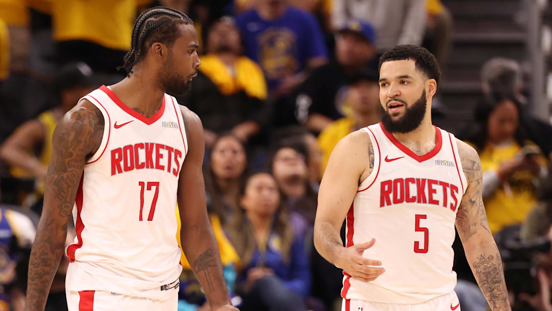Houston Rockets forward Tari Eason (17) and guard Fred VanVleet (5) between plays against the Golden State Warriors during the second quarter of game four of the 2025 NBA Playoffs first round at Chase Center.