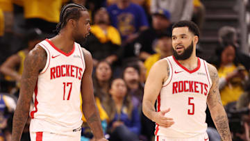 Houston Rockets forward Tari Eason (17) and guard Fred VanVleet (5) between plays against the Golden State Warriors during the second quarter of game four of the 2025 NBA Playoffs first round at Chase Center.