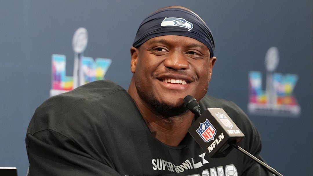 Feb 8, 2026; Santa Clara, CA, USA; Seattle Seahawks running back Kenneth Walker III (9) speaks in a press conference after defeating the New England Patriots in Super Bowl LX at Levi's Stadium. Mandatory Credit: Kirby Lee-Imagn Images