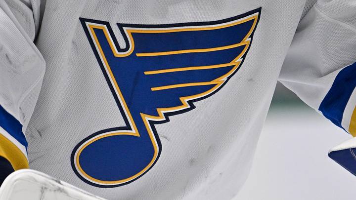 Dec 14, 2024; Dallas, Texas, USA; A view of the Blues logo on the jersey of St. Louis Blues goaltender Jordan Binnington (50) during the game between the Dallas Stars and the St. Louis Blues at American Airlines Center. Dec 14, 2024; Dallas, Texas, USA; A view of the Blues logo on the jersey of St. Louis Blues goaltender Jordan Binnington (50) during the game between the Dallas Stars and the St. Louis Blues at American Airlines Center.