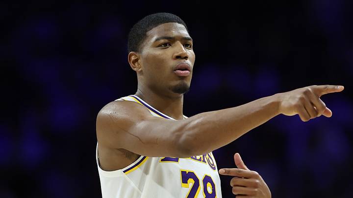 Dec 7, 2025; Philadelphia, Pennsylvania, USA; Los Angeles Lakers forward Rui Hachimura (28) reacts during the second quarter against the Philadelphia 76ers at Xfinity Mobile Arena. Mandatory Credit: Bill Streicher-Imagn Images