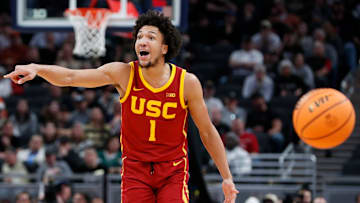 USC Trojans guard Desmond Claude (1) reacts after being called for a foul Thursday, March 13, 2025, during the Big Ten Men’s Basketball Tournament game against the Purdue Boilermakers at Gainbridge Fieldhouse in Indianapolis. Purdue Boilermakers won 76-71.