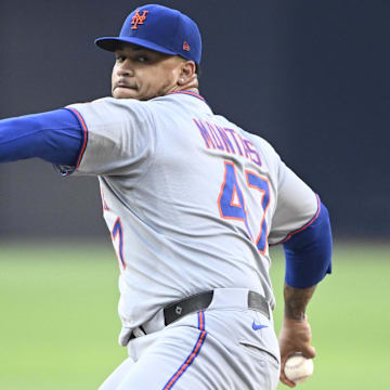 Jul 28, 2025; San Diego, California, USA; New York Mets starting pitcher Frankie Montas (47) delivers during the first inning against the San Diego Padres at Petco Park. Mandatory Credit: Denis Poroy-Imagn Images