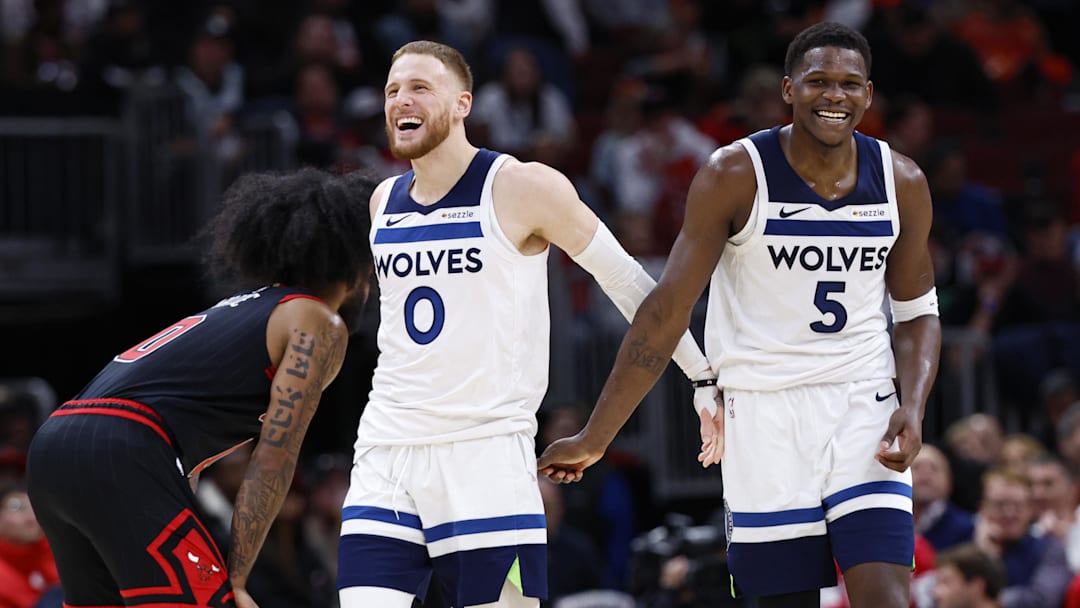 Nov 7, 2024; Chicago, Illinois, USA; Minnesota Timberwolves guard Anthony Edwards (5) and guard Donte DiVincenzo (0) react during the second half of a basketball game against the Chicago Bulls at United Center. Mandatory Credit: Kamil Krzaczynski-Imagn Images Nov 7, 2024; Chicago, Illinois, USA; Minnesota Timberwolves guard Anthony Edwards (5) and guard Donte DiVincenzo (0) react during the second half of a basketball game against the Chicago Bulls at United Center. Mandatory Credit: Kamil Krzaczynski-Imagn Images