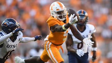 Tennessee wide receiver Ramel Keyton (9) attempts to catch a long throw during a football game between Tennessee and UTSA at Neyland Stadium in Knoxville, Tenn., on Saturday, Sept. 23, 2023. Tennessee defeated UTSA 45-14.