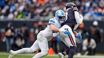 Detroit Lions linebacker Jack Campbell (46) tackles Chicago Bears wide receiver Keenan Allen (13) during the second half at Soldier Field in Chicago, Ill. on Sunday, Dec. 22, 2024.