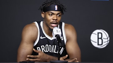Sep 30, 2024; Brooklyn, NY, USA;  Brooklyn Nets center Day'Ron Sharpe (20) during media day at Brooklyn Nets Media Day at HSS Training Center. Mandatory Credit: Wendell Cruz-Imagn Images