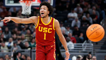 USC Trojans guard Desmond Claude (1) reacts after being called for a foul Thursday, March 13, 2025, during the Big Ten Men’s Basketball Tournament game against the Purdue Boilermakers at Gainbridge Fieldhouse in Indianapolis. Purdue Boilermakers won 76-71.