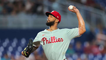 Jun 19, 2025; Miami, Florida, USA; Philadelphia Phillies starting pitcher Cristopher Sanchez (61) delivers a pitch against the Miami Marlins first inning at loanDepot Park. 