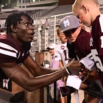 Mississippi State Bulldogs cornerback Kelley Jones (1) reacts with fans after the game against the Eastern Kentucky Colonels at Davis Wade Stadium at Scott Field. 