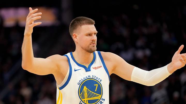 Mar 13, 2026; San Francisco, California, USA; Golden State Warriors forward Kristaps Porzingis (7) reacts after being fouled against the Minnesota Timberwolves in the fourth quarter at the Chase Center. Mandatory Credit: Cary Edmondson-Imagn Images
