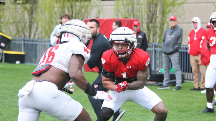 Wisconsin running back Chez Mellusi (1) goes against linebacker Jake Chaney during a pass blocking drill during the team's final spring practice, which was held on the field north of Camp Randall Stadium on Thursday May 2, 2024 in Madison, Wisconsin.