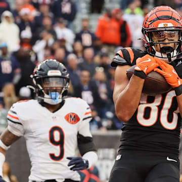 Nov 2, 2025; Cincinnati, Ohio, USA; Cincinnati Bengals wide receiver Andrei Iosivas (80) catches a 9-yard touchdown pass thrown by quarterback Joe Flacco (not pictured) against Chicago Bears safety Jaquan Brisker (9) during the fourth quarter at Paycor Stadium. Mandatory Credit: Joseph Maiorana-Imagn Images