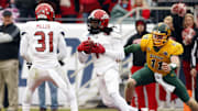 Jacksonville State DB Rashod Byers (1) intercepts a pass against North Dakota State QB Carson Wentz (11)  in the FCS Championship