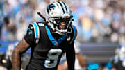 Nov 9, 2025; Charlotte, North Carolina, USA; Carolina Panthers cornerback Jaycee Horn (8) before the game at Bank of America Stadium.