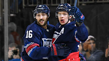 New York Rangers left wing Artemi Panarin celebrates his goal with center Vincent Trocheck against the Philadelphia Flyers.