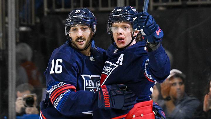 Apr 9, 2025; New York, New York, USA;  New York Rangers left wing Artemi Panarin (10) celebrates his goal with New York Rangers center Vincent Trocheck (16) against the Philadelphia Flyers during the second period at Madison Square Garden. Mandatory Credit: Dennis Schneidler-Imagn Images