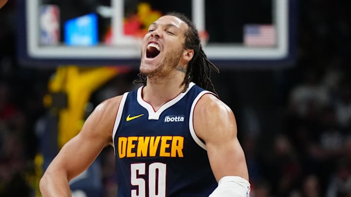 Mar 31, 2024; Denver, Colorado, USA; Denver Nuggets forward Aaron Gordon (50) reacts in the second half against the Cleveland Cavaliers at Ball Arena. Mandatory Credit: Ron Chenoy-Imagn Images