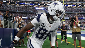 Oct 19, 2025; Arlington, Texas, USA; Dallas Cowboys wide receiver Ceedee Lamb (88) celebrates after scoring a touchdown against the Washington Commanders during the first quarter of the game at AT&T Stadium. Mandatory Credit: Kevin Jairaj-Imagn Images