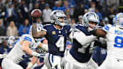 Dallas Cowboys quarterback Dak Prescott throws during the second half against the Detroit Lions at Ford Field.