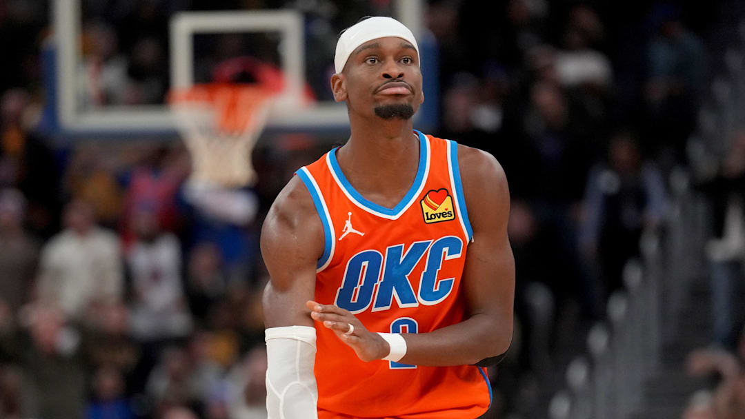 Dec 2, 2025; San Francisco, California, USA; Oklahoma City Thunder guard Shai Gilgeous-Alexander (2) reacts after making a basket against the Golden State Warriors in the fourth quarter at the Chase Center. Mandatory Credit: Cary Edmondson-Imagn Images Dec 2, 2025; San Francisco, California, USA; Oklahoma City Thunder guard Shai Gilgeous-Alexander (2) reacts after making a basket against the Golden State Warriors in the fourth quarter at the Chase Center. Mandatory Credit: Cary Edmondson-Imagn Images