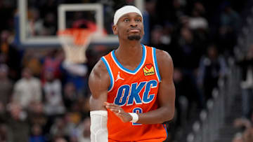 Dec 2, 2025; San Francisco, California, USA; Oklahoma City Thunder guard Shai Gilgeous-Alexander (2) reacts after making a basket against the Golden State Warriors in the fourth quarter at the Chase Center. Mandatory Credit: Cary Edmondson-Imagn Images