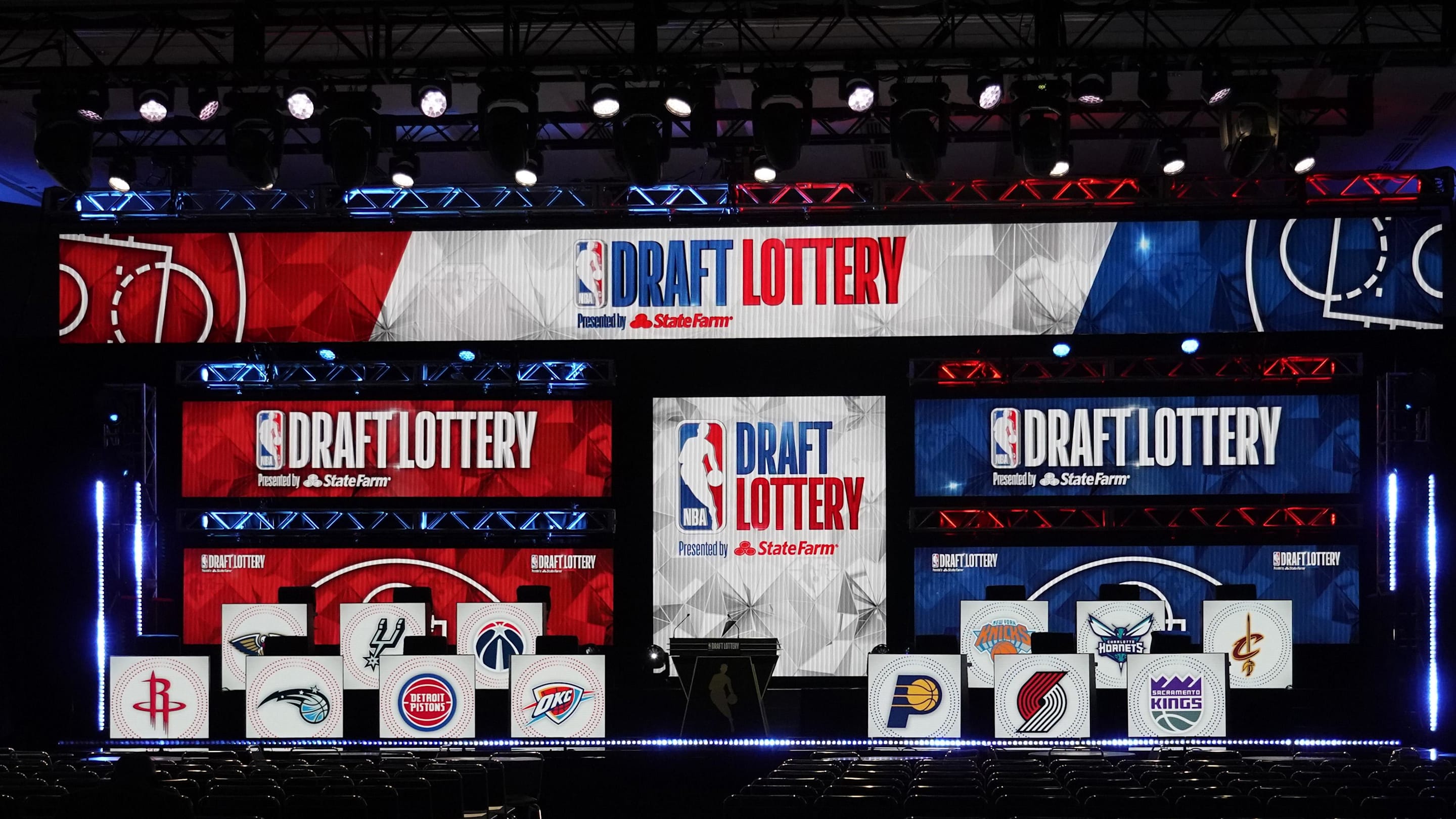 May 17, 2022; Chicago, IL, USA; A general view of the stage before the 2022 NBA Draft Lottery at McCormick Place. Mandatory Credit: David Banks-Imagn Images