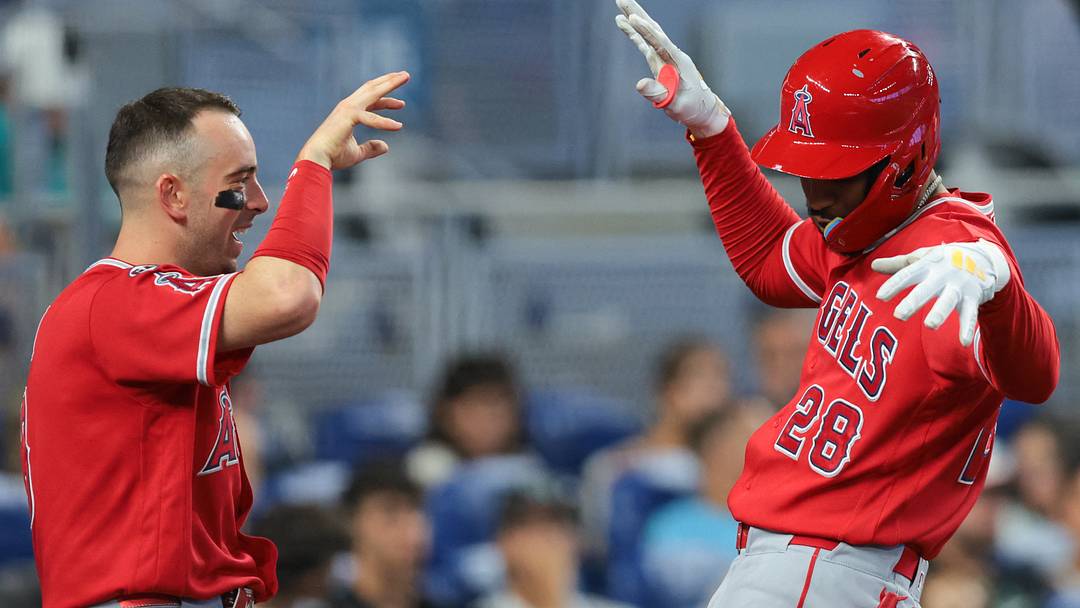 Aug 9, 2026; Miami, Florida, USA; Los Angeles Angels center fielder Jose Siri (28) celebrates with shortstop Zach Neto (9) after hitting a home run against the Miami Marlins during the second inning at loanDepot Park. Mandatory Credit: Sam Navarro-Imagn Images