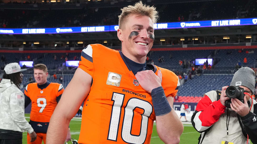 Nov 17, 2024; Denver, Colorado, USA; Denver Broncos quarterback Bo Nix (10) reacts following the win over the Atlanta Falcons at Empower Field at Mile High. Nov 17, 2024; Denver, Colorado, USA; Denver Broncos quarterback Bo Nix (10) reacts following the win over the Atlanta Falcons at Empower Field at Mile High.
