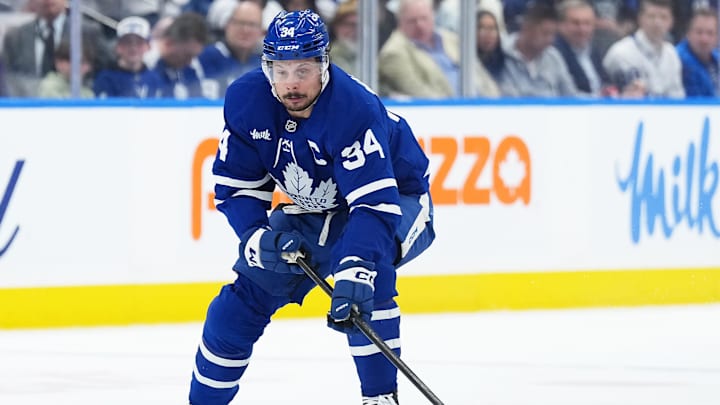 Toronto Maple Leafs center Auston Matthews skates with the puck against the Florida Panthers.