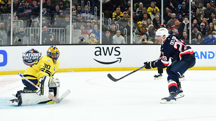 Feb 17, 2025; Boston, MA, USA; [Imagn Images direct customers only]  Team USA forward Brock Nelson (29) shoots the puck wide of Team Sweden goalie Samuel Ersson (30) during the third period in a 4 Nations Face-Off ice hockey game at TD Garden. Mandatory Credit: Bob DeChiara-Imagn Images