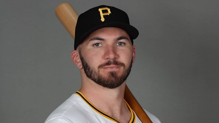 Feb 18, 2025; Bradenton, FL, USA; Pittsburgh Pirates first base Spencer Horwitz (2) poses for a photo during media day at Pirate City. Mandatory Credit: Kim Klement Neitzel-Imagn Images