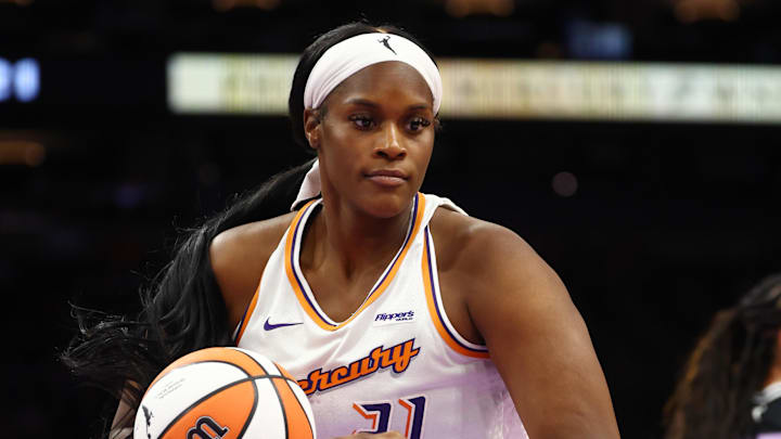 May 11, 2025; Phoenix, AZ, USA; Phoenix Mercury center Kalani Brown (21) against the Golden State Valkyries during a preseason game at PHX Arena. Mandatory Credit: Mark J. Rebilas-Imagn Images