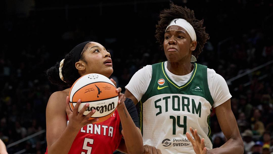 Jun 27, 2026; Seattle, Washington, USA; Atlanta Dream forward Angel Reese (5) drives the ball to the basket in the first quarter against the Seattle Storm at Climate Pledge Arena. Mandatory Credit: Richard Dizon-Imagn Images Jun 27, 2026; Seattle, Washington, USA; Atlanta Dream forward Angel Reese (5) drives the ball to the basket in the first quarter against the Seattle Storm at Climate Pledge Arena. Mandatory Credit: Richard Dizon-Imagn Images