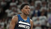 May 26, 2025; Minneapolis, Minnesota, USA;Minnesota Timberwolves guard Anthony Edwards (5) reacts against the Oklahoma City Thunder in the first half during game four of the western conference finals for the 2025 NBA Playoffs at Target Center. Mandatory Credit: Jesse Johnson-Imagn Images