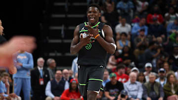 Apr 10, 2025; Memphis, Tennessee, USA; Minnesota Timberwolves guard Anthony Edwards (5) reacts during the third quarter against the Memphis Grizzlies at FedExForum. Mandatory Credit: Petre Thomas-Imagn Images