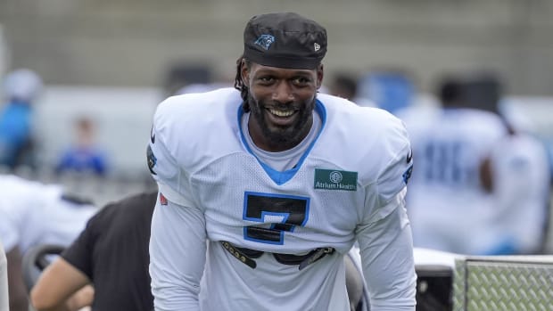 Carolina Panthers LB Jadeveon Clowney (7) smiles at Carolina Panthers Practice Fields. Credit: Jim Dedmon-USA TODAY Sports