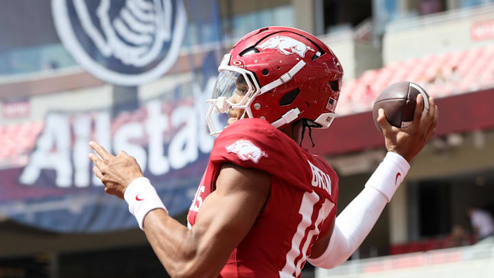 Sep 14, 2024; Fayetteville, Arkansas, USA; Arkansas Razorbacks quarterback Taylen Green (10) warms up prior to the game against the UAB Blazers at Donald W. Reynolds Razorback Stadium. Mandatory Credit: Nelson Chenault-Imagn Images