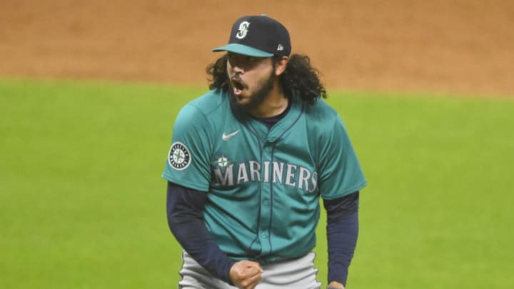 Seattle Mariners relief pitcher Andres Munoz reacts after a win over the Cleveland Guardians on June 18 at Progressive Field.