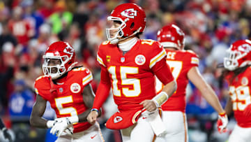 Jan 26, 2025; Kansas City, MO, USA; Kansas City Chiefs quarterback Patrick Mahomes (15) against the Buffalo Bills during the AFC Championship game at GEHA Field at Arrowhead Stadium.