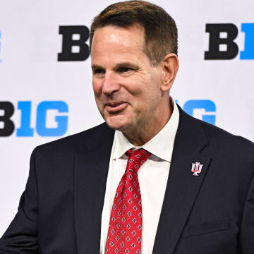 Indiana Hoosiers head coach Curt Cignetti speaks to the media during the Big Ten football media day at Lucas Oil Stadium.
