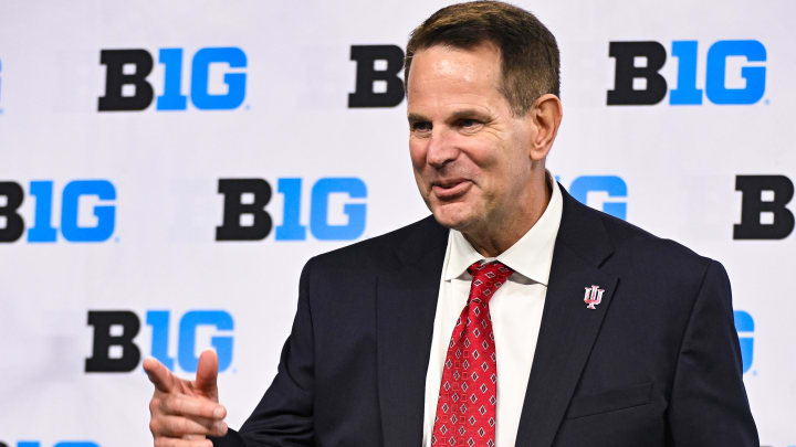 Indiana Hoosiers head coach Curt Cignetti speaks to the media during the Big Ten football media day at Lucas Oil Stadium.