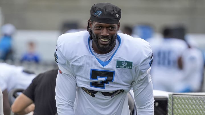 Jul 30, 2024; Charlotte, NC, USA; Carolina Panthers linebacker Jadeveon Clowney (7) smiles at Carolina Panthers Practice Fields. 