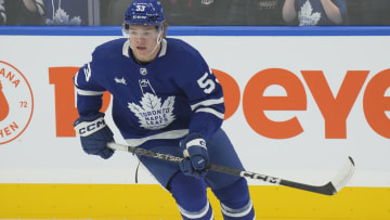 Sep 25, 2023; Toronto, Ontario, CAN; Toronto Maple Leafs forward Easton Cowan (53) skates during warm up before a game against the Ottawa Senators at Scotiabank Arena. Mandatory Credit: John E. Sokolowski-USA TODAY Sports