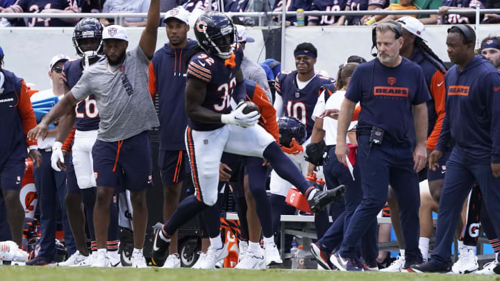 Aug 17, 2024; Chicago, Illinois, USA; Chicago Bears cornerback Terell Smith (32) intercepts a pass against the Cincinnati Bengals during the second half at Soldier Field.