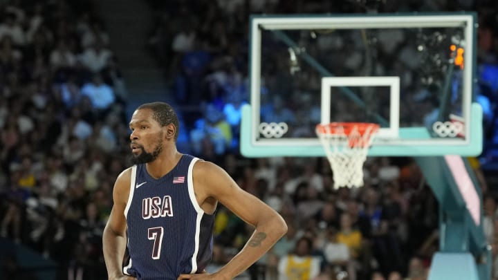 Aug 6, 2024; Paris, France; United States guard Kevin Durant (7) looks on in the first half against Brazil in a men’s basketball quarterfinal game during the Paris 2024 Olympic Summer Games at Accor Arena. Mandatory Credit: Kyle Terada-USA TODAY Sports