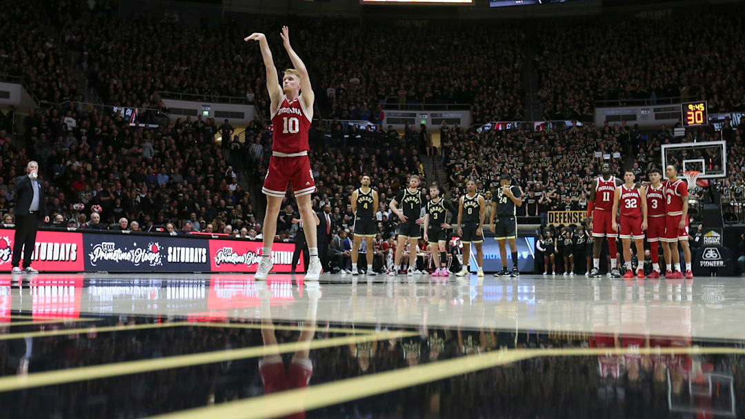 Indiana Hoosiers forward Luke Goode (10) shoots a free throw after a technical foul on Purdue Boilermakers forward Raleigh Burgess (34) Friday, Jan. 31, 2025, during the NCAA men’s basketball game at Mackey Arena in West Lafayette, Ind.