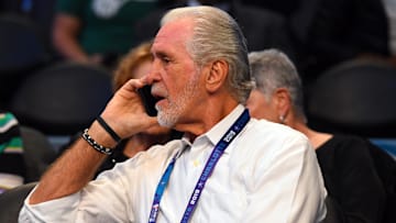 Feb 17, 2019; Charlotte, NC, USA; Miami Heat general manager Pat Riley during the 2019 NBA All-Star Game at Spectrum Center. Mandatory Credit: Bob Donnan-Imagn Images