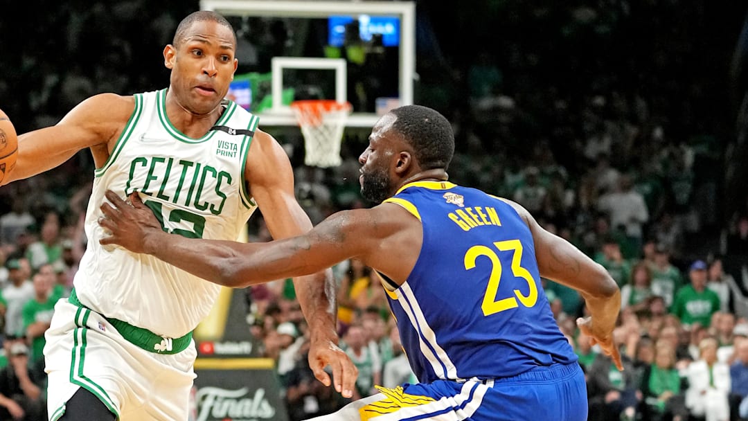 Jun 16, 2022; Boston, Massachusetts, USA; Boston Celtics center Al Horford (42) drives to the basket against Golden State Warriors forward Draymond Green (23) during the fourth quarter in game six of the 2022 NBA Finals at TD Garden. Mandatory Credit: Kyle Terada-Imagn Images